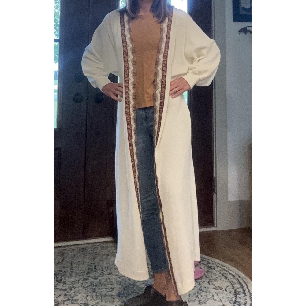 VTG Maxi Duster Ankle Length Cardigan Boho Hippie Stevie Nicks Ivory Brown New M